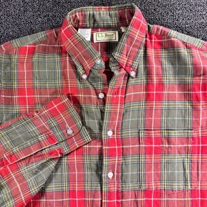 Vintage LL Bean Flannel Shirt Men's M Red Olive Tartan Plaid Outdoor Made in USA